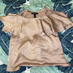Off the shoulder, silky, tan, blouse